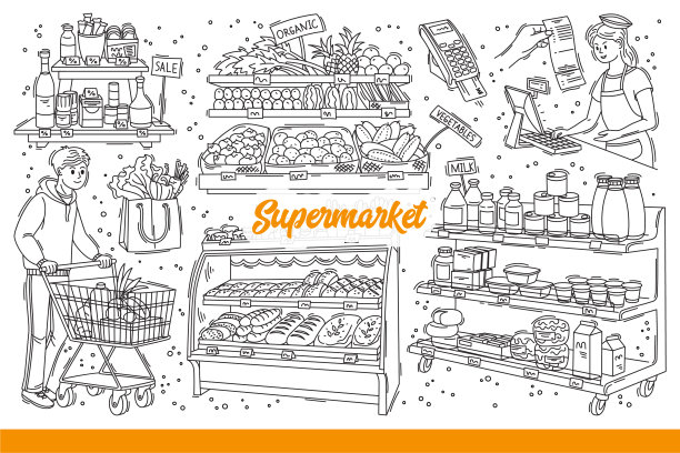 超市里的食品和新鲜蔬菜或烘焙食品靠近买卖双方。手绘涂鸦图片下载