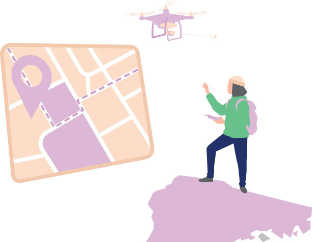 一个带着无人机摄像机的男孩在侦察一个地方。图片下载