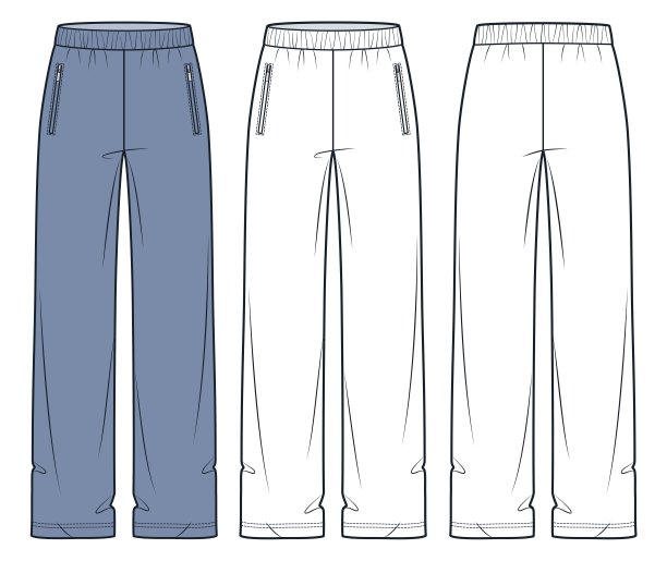 慢跑裤时尚平面技术图纸模板。运动裤技术时尚插图，超大号，松紧带，宽腿，前后视图，白色，蓝色，女，男，男女通用的CAD模型集。图片下载