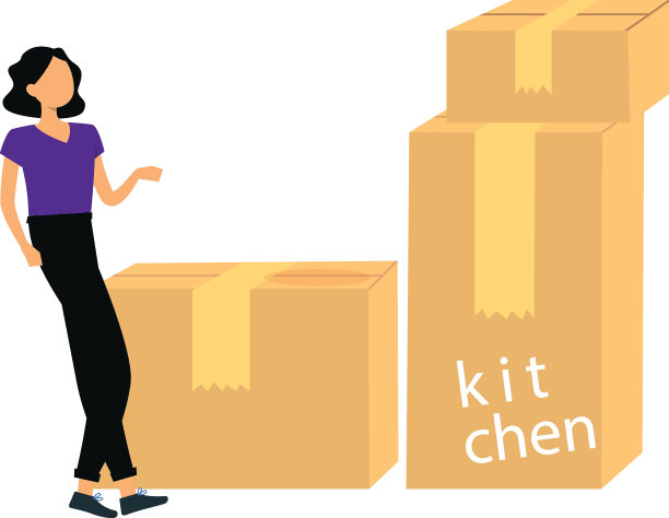 女孩正在给大家看厨房里的包裹箱。图片下载