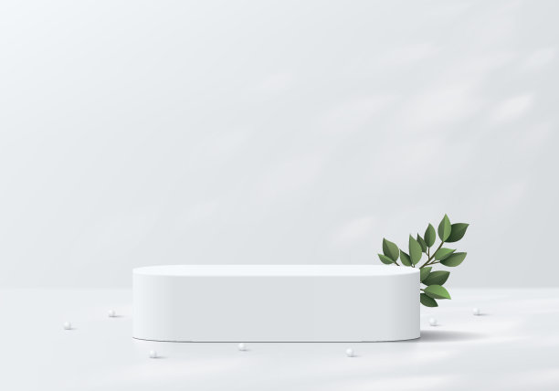 逼真的白色3D圆形讲台背景与绿叶，自然光墙场景。最小模型抽象化妆品展示展示，舞台展示。平台矢量几何设计。图片下载