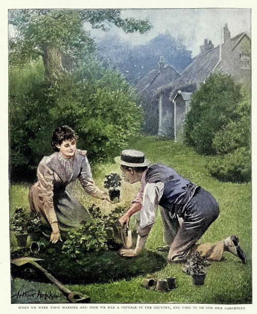 历史园艺，年轻夫妇在他们的花园里种植花卉和植物，1895年，19世纪，以亚瑟·霍普金斯命名图片下载