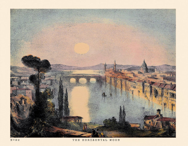 复古天文现象场景插画：水平月亮图片下载