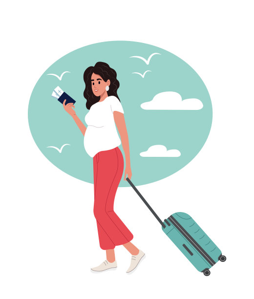 年轻孕妇，带着旅行箱旅游度假。飞机旅行，孕期飞行。暑假背景。图片下载