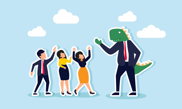 公司里的恐龙一个拒绝改变的过时的老板，一个糟糕的领导，一个古老的办公室问题，概念一个有趣的恐龙猛禽商人在办公室里和同事聊天图片下载