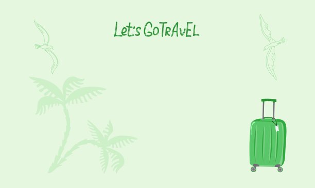 旅游横幅，旅行箱，手写体。带着行李旅行。海鸥鸟，棕榈树剪影。假期在海上，空间为文字。带把手、轮子和可伸缩把手的包，适合旅行、商务旅行或暑假。图片下载