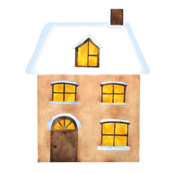 水彩米色房子与雪屋顶复古建筑冬季装饰新年海报圣诞明信片贴纸幼稚的剪贴簿印刷标志壁纸包装设计纪念品图片下载