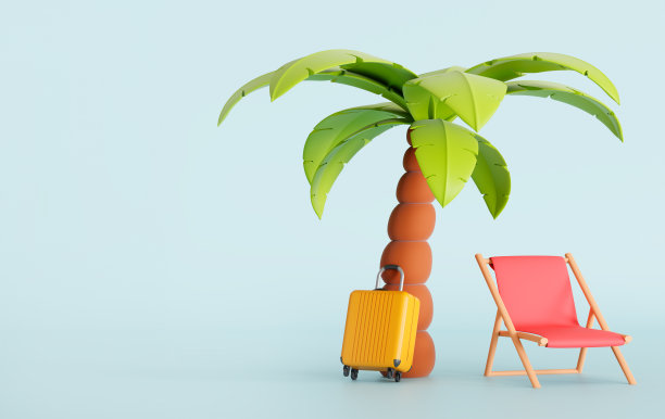 三维插图的棕榈树，沙滩躺椅和黄色手提箱在沙滩上孤立的蓝色背景与空间复制图片下载