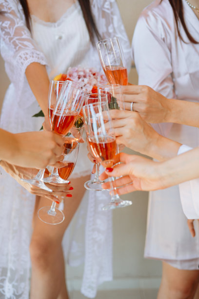 年轻的伴娘在酒店房间里碰杯喝香槟。欢快的女孩庆祝单身派对的特写照片。女性吃吐司配酒图片下载