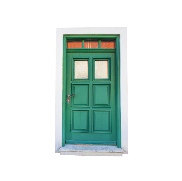 白色背景的绿色木门，门上有石阶和石墩图片下载