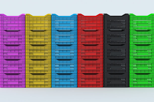 灰色背景上一排排五颜六色的水果或蔬菜塑料箱。空篮子装货物。农产品的运输和分销。三维渲染图片下载