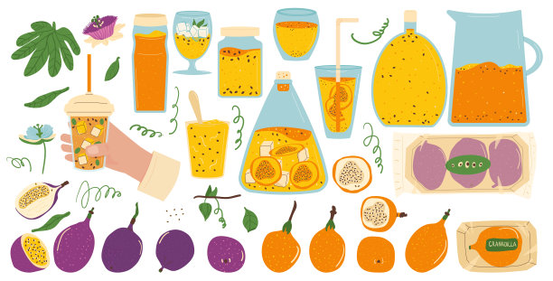 甜格兰纳达和百香果和产品设置。热带水果，果汁，冰沙和果酱剪贴画。自制西番莲食物收集。矢量插图隔离在白色背景上。图片下载