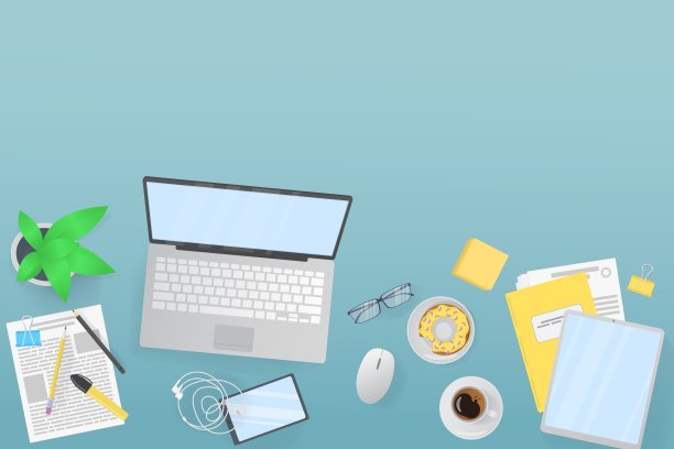 商务、管理、财务及自助办公场所。从上面看。笔记本和办公用品放在桌面上。图片下载