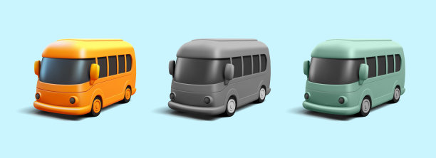 一组彩色巴士，3D。为旅客运输设计理念，适用于成人和儿童。向量图片下载