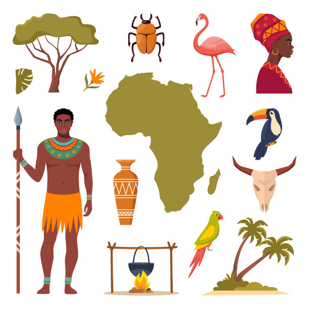 非洲民族风格的图标。非洲地图，树，人，动物，鸟。向量。图片下载