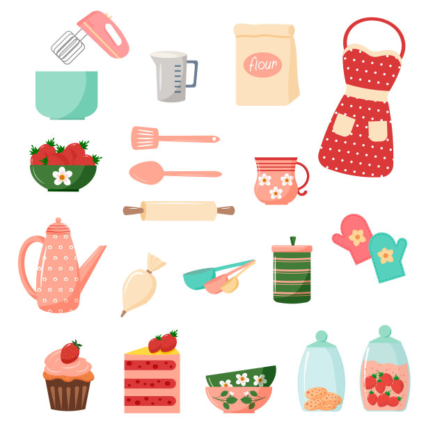 一套烘焙草莓派的物品。搅拌器和糕点袋。量勺和面粉，擀面杖和油酥铲。围裙和烤箱手套，茶壶和杯子，糖碗。图片下载
