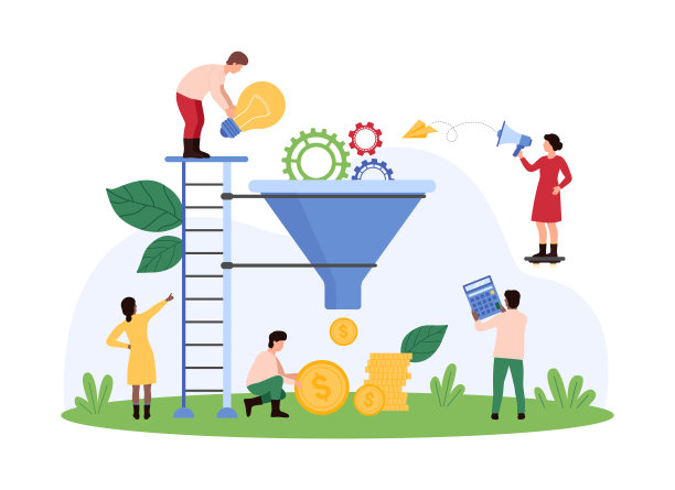 创意赚钱，小人把装备和明亮的灯泡扔进漏斗图片下载