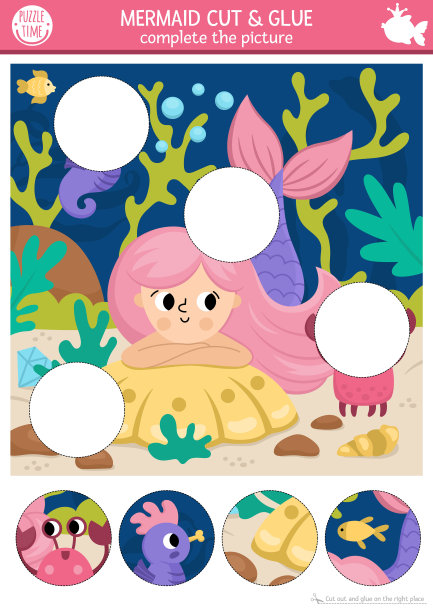 矢量美人鱼切割和胶水活动。海洋王国制作游戏与可爱的海洋公主和海洋景观。用圆形贴纸填满场景。找到正确的拼图。完成图片图片下载