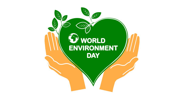 世界环境日，双手捧着绿色心形的生态城市，拯救世界理念，保护世界环境理念，矢量插画。图片下载