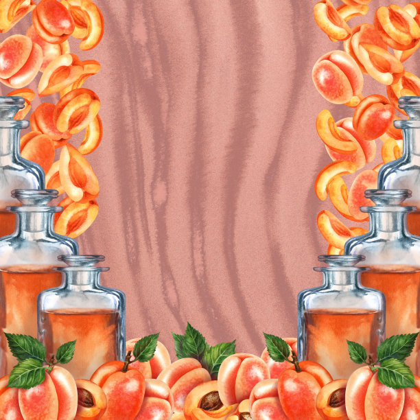 方形橘色杏子果架，复古玻璃瓶，装着棕色液体。利口酒，苦杏酒，香水，油，芳香疗法，按摩，酒精，炼金术，饮料，烹饪的水彩插图图片下载