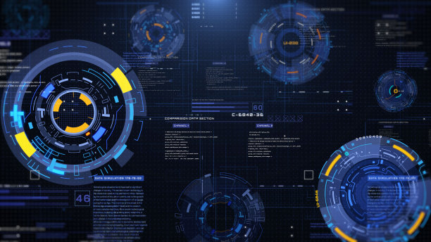 HUD未来的旋转圆十字准星元素与数字数据仪表板，图表为业务开发平台，游戏，技术说明。图片下载