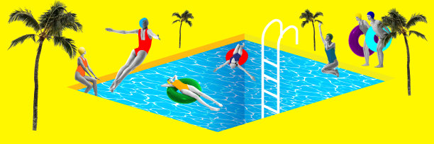 当代艺术拼贴。穿着复古泳衣的年轻女孩跳进抽象的游泳池，手掌映衬着明黄色的背景图片下载