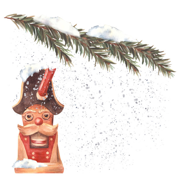 圣诞树上的雪树枝下的胡桃夹子玩具。水彩画冬季插画图片下载