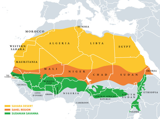 非洲大陆上的撒哈拉、萨赫勒和苏丹大草原，政治地图图片下载