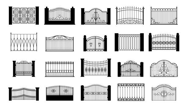 黑色华丽的栅栏元素。隔离装饰栅栏大门。花园露台或家庭阳台的观赏栏杆。室外建筑向量集图片下载