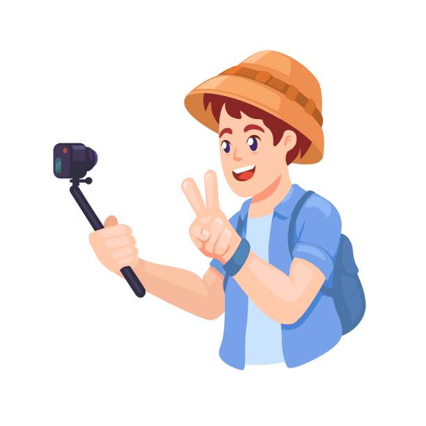 影响者旅行视频记录器使用动作凸轮卡通插图矢量记录图片下载