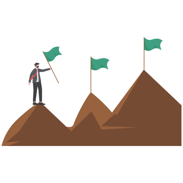 商人举着旗帜站在山顶上，望向另一座更高的山，企业的目标和挑战图片下载
