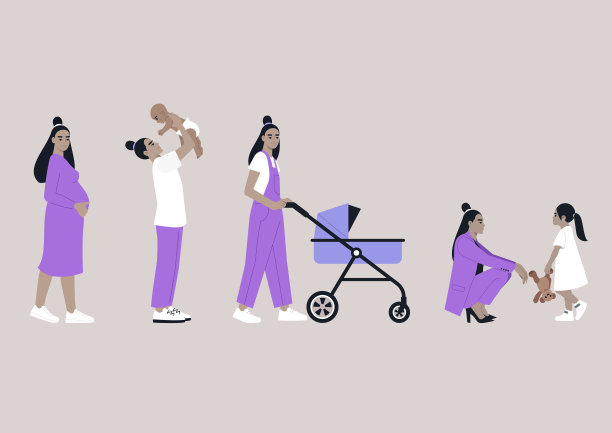 母亲的旅程，从怀孕到照顾一个年幼的孩子，一个紫色衣服的女人从抱着一个婴儿到和一个蹒跚学步的孩子玩耍图片下载