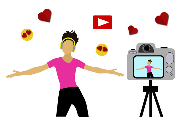 这张图片描绘了一个程式化的平面设计插图，一个人为视频分享平台的社交媒体创建内容。这个人穿着粉红色的t恤和黑色的紧身衣。他戴着绿色耳机，伸开双臂站着。的图片下载