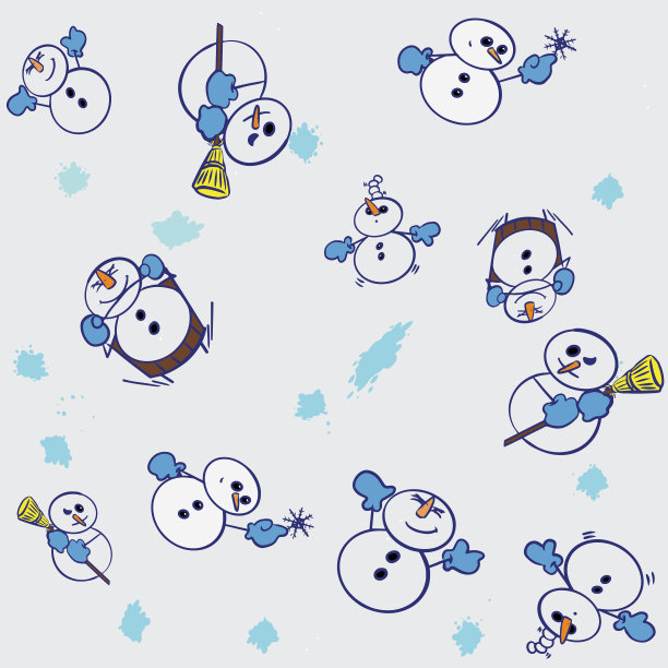 快乐的雪人与明亮的胡萝卜鼻子和明亮的蓝色连指手套玩和雪橇在雪地里。在浅灰色的背景与色彩飞溅，他们分散在一个无方向的模式图片下载