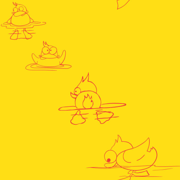 无缝重复图案明亮的黄色鸭子在一个对角线图案逐渐变大，给这个图案一种运动的感觉。微笑的卡通鸭子欢快地游过这个图案。图片下载