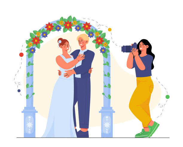 婚礼摄影师概念。一名男子拿着相机给新娘和新郎拍照。婚礼上的狗仔队。妻子和丈夫。卡通矢量插图图片下载