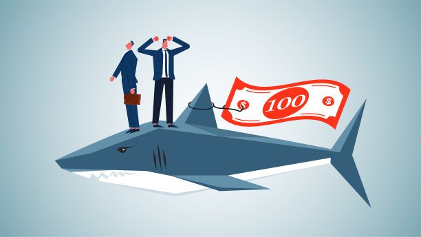 大鲨鱼带着商人的钱在海洋里游泳，钱被骗或困在股票市场或投资，投资陷阱，骗局，风险。图片下载