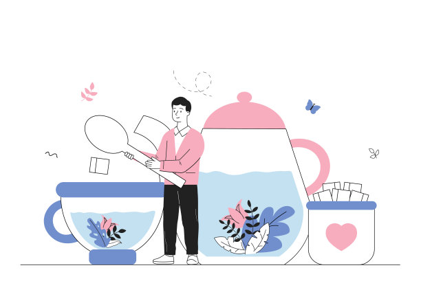 拿茶的人。拿着水壶和几杯热饮的年轻人。瓷器加茶加糖。香气和饮料。中国的传统。线性向量图解图片下载