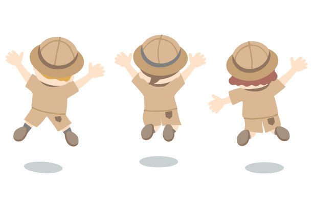 孩子们穿着探险家的衣服跳起来的背影图片下载