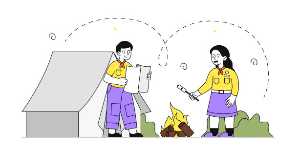 带着帐篷的童子军孩子。男孩和女孩在森林里生火。积极的生活方式，野营和徒步旅行。童子军在户外消磨时间。线性向量图解图片下载