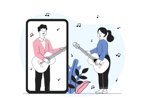 在线音乐课。女人和男人在智能手机屏幕上弹吉他。远程教育和培训。吉他手在远程排练。音乐家在网上练习。线性向量图解图片下载