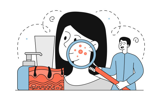 皮肤科医生和女人。穿着医疗服的男子拿着放大镜检查年轻女孩的脸。美容和护肤。线性向量图解图片下载
