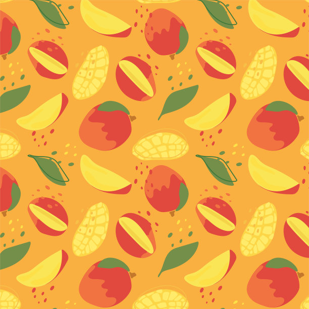 抽象芒果图案在平面风格。新鲜，水果美味无缝花纹。图片下载