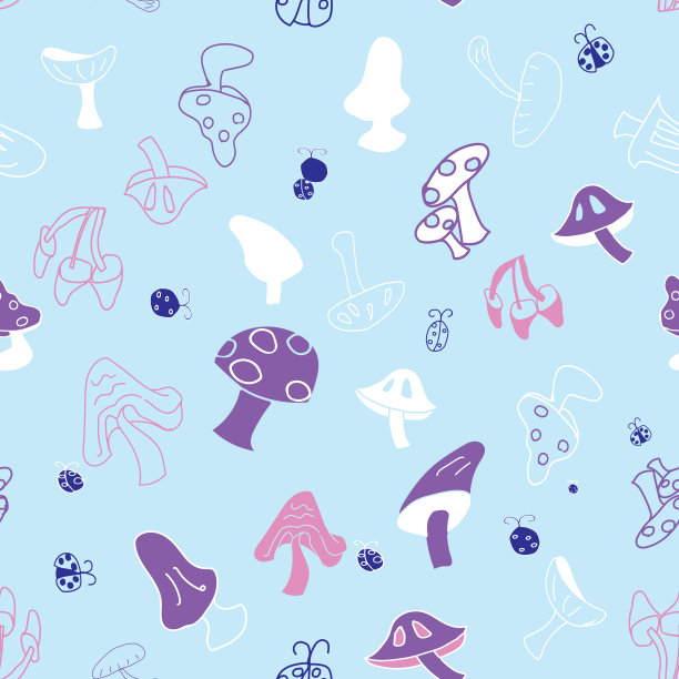 无缝重复图案可爱蘑菇的无方向散射图案。卡通风格的蘑菇颜色粉红色，紫色和白色在浅蓝色的背景。图片下载