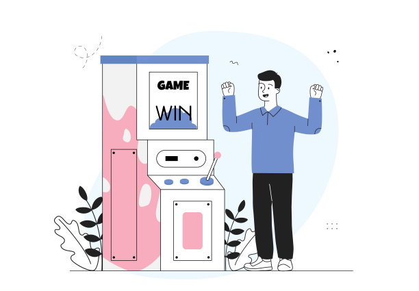 玩游戏机的人。年轻人赢了老虎机。赌博娱乐、休闲。玩街机和电子游戏的人。线性向量图解图片下载
