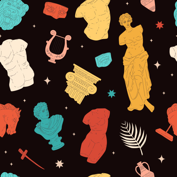 古希腊文化符号艺术展上的矢量无缝图案、仿古雕塑体、石柱雕像图片下载