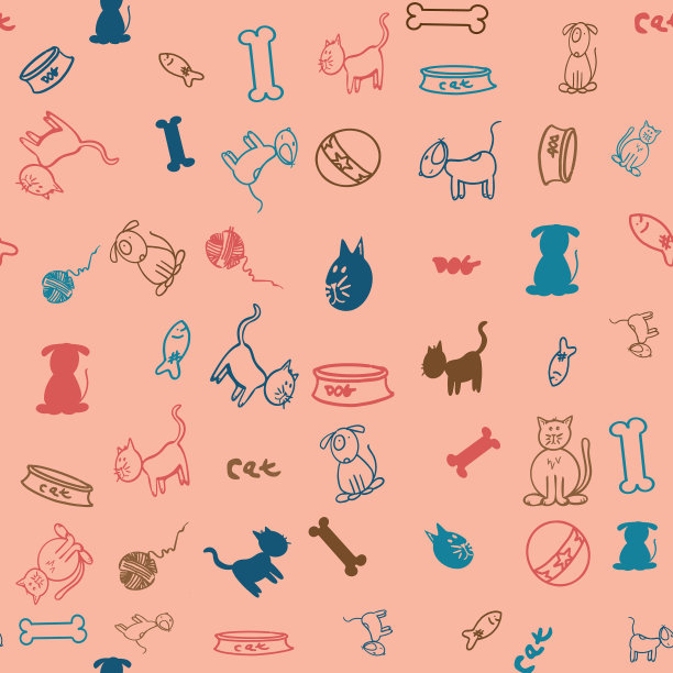 无缝重复图案狗和猫，骨头，碗，玩具和尾巴。蓝色和红色的猫和狗装饰浅橙色/桃色的背景，为您最喜欢的宠物一个愉快的分散图案。图片下载