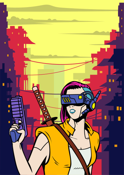 矢量赛博朋克武士女孩拿着枪在未来的城市贫民窟肖像股票插图图片下载