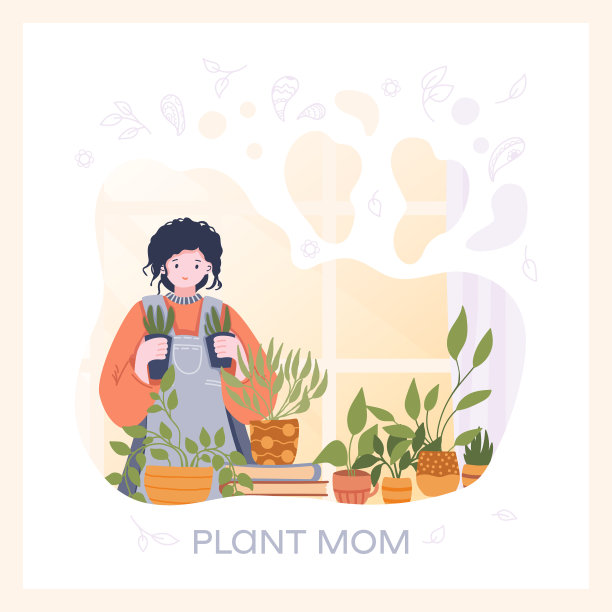 贺卡上有女孩种家里的花。可爱的矢量插图卡为妈妈爱好者的植物。图片下载