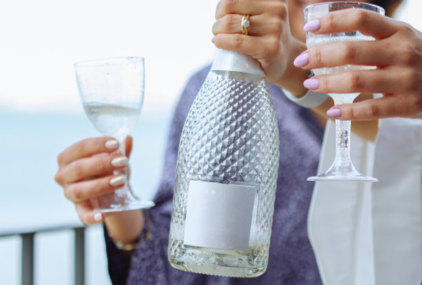 年轻的伴娘在酒店房间里碰杯喝香槟。欢快的女孩庆祝单身派对的特写照片。女性吃吐司配酒图片下载